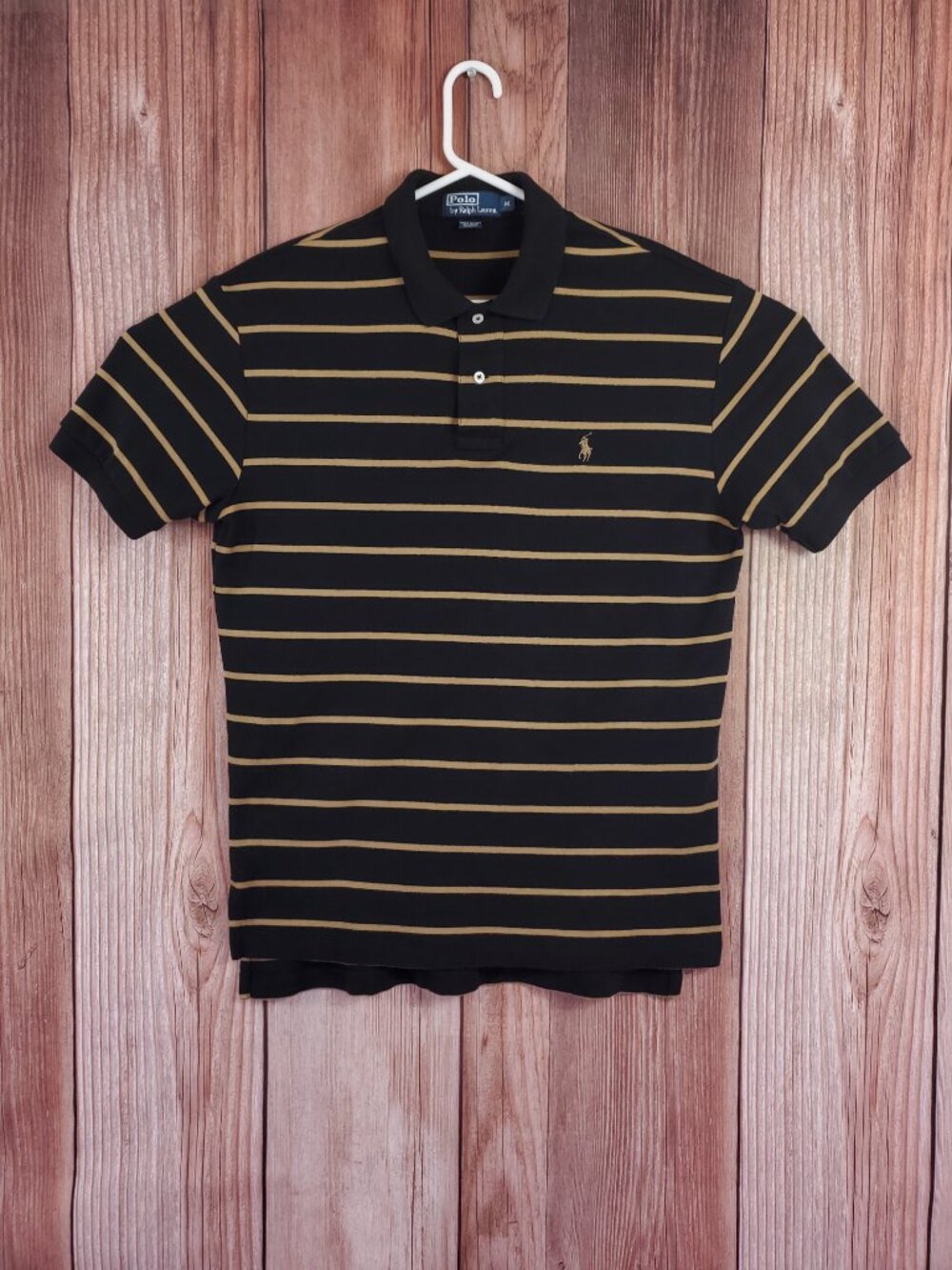 Polo Ralph Lauren Shirt Mens Medium Black Tan Striped Pony Cotton Short Sleeve